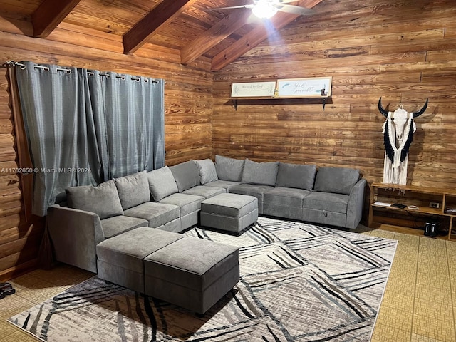 living room with vaulted ceiling with beams, wood walls, wooden ceiling, and ceiling fan