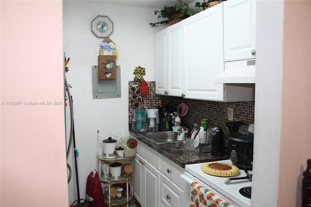 677 SW 9th Ave Unit 103, Miami, FL 33130 - kitchen featuring ventilation hood, white cabinetry, tasteful backsplash, a sink, and dark countertops