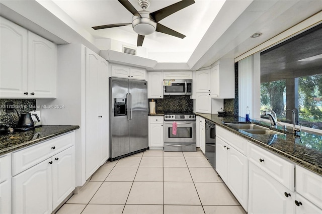 kitchen featuring white cabinets, dark stone countertops, sink, and stainless steel appliances