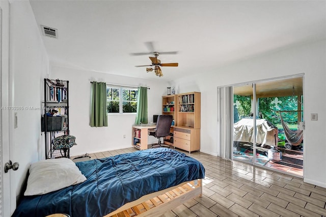 bedroom with access to outside, ceiling fan, and light hardwood / wood-style floors