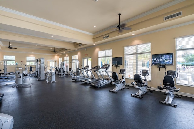 exercise room with ceiling fan and crown molding