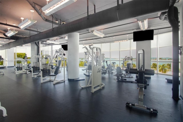 exercise room featuring expansive windows