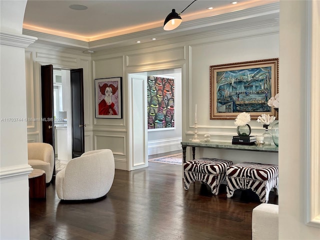 hall with crown molding and dark wood-type flooring