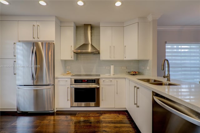 kitchen with a sink, white cabinets, appliances with stainless steel finishes, wall chimney exhaust hood, and crown molding