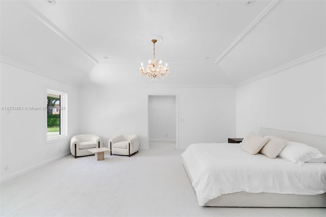 bedroom featuring lofted ceiling, carpet floors, an inviting chandelier, and crown molding