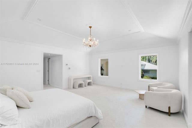 bedroom with a raised ceiling, carpet floors, ornamental molding, and a chandelier