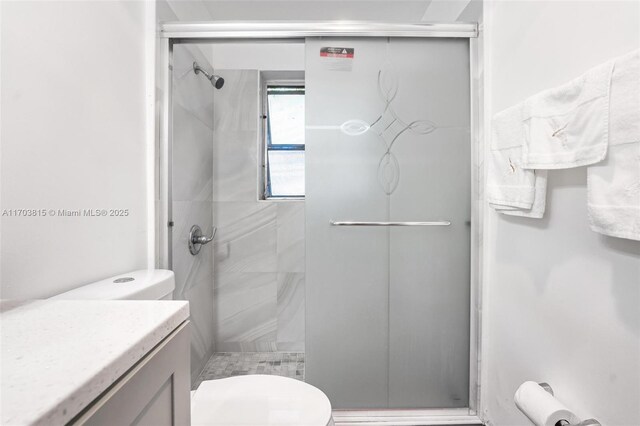 full bathroom with a shower stall, toilet, and vanity