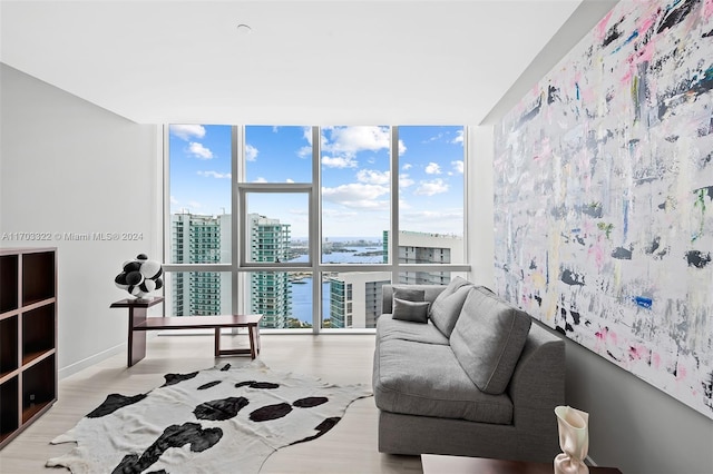 living room featuring plenty of natural light, a water view, light hardwood / wood-style flooring, and expansive windows