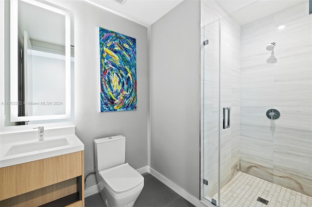 bathroom featuring a shower with door, toilet, tile patterned flooring, and vanity