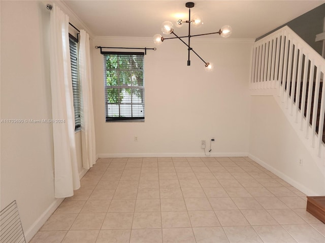 interior space featuring an inviting chandelier, ornamental molding, and light tile patterned flooring