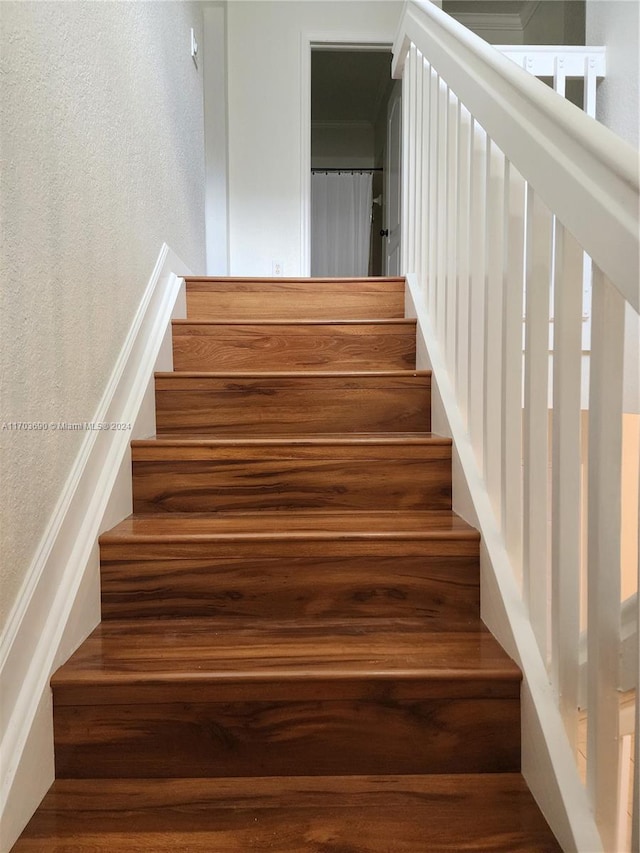 staircase with wood-type flooring