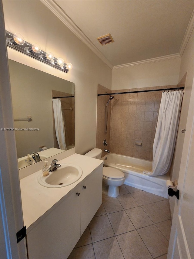 full bathroom featuring vanity, crown molding, shower / bathtub combination with curtain, tile patterned flooring, and toilet