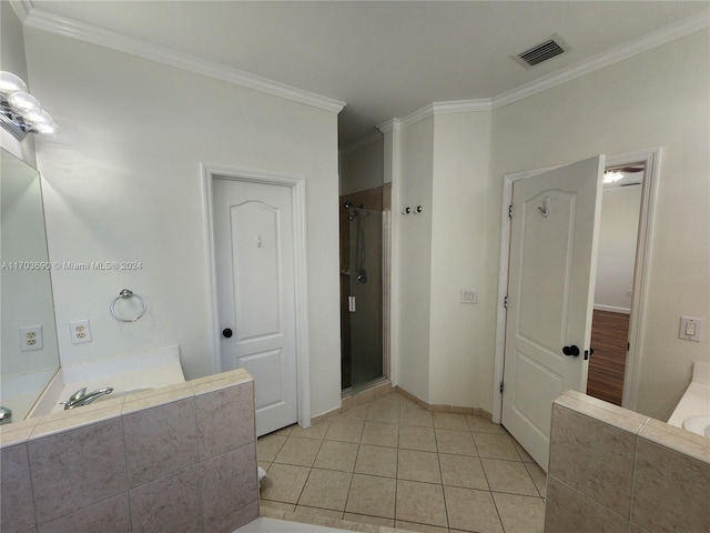 bathroom with tile patterned flooring, crown molding, and plus walk in shower