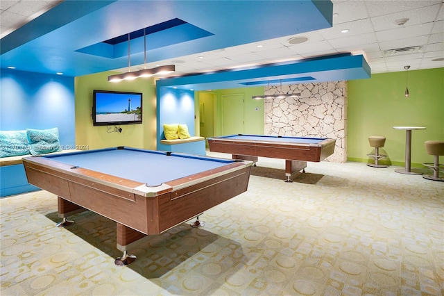 game room with a paneled ceiling, light carpet, and billiards