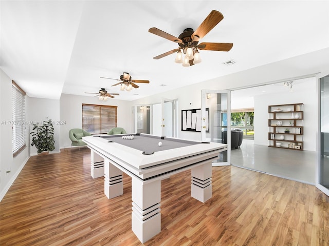 rec room with ceiling fan, light hardwood / wood-style floors, and billiards