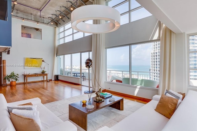 living room featuring plenty of natural light, a water view, light hardwood / wood-style floors, and a high ceiling