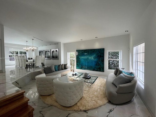 living room featuring a chandelier