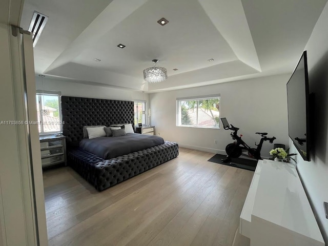 bedroom with light hardwood / wood-style floors, a raised ceiling, and multiple windows