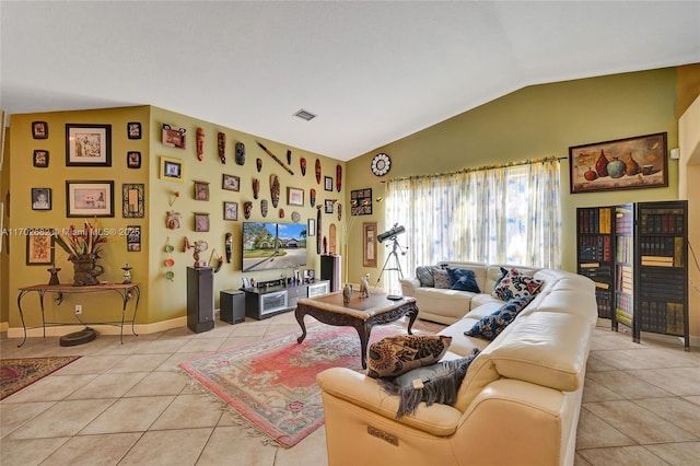 living room with light tile patterned floors, visible vents, lofted ceiling, and baseboards