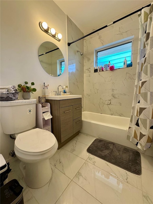 full bathroom with vanity, toilet, and shower / bath combo with shower curtain