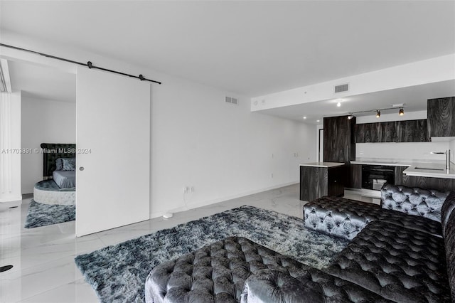 living room with sink and rail lighting