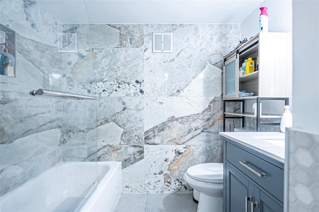 bathroom with a bathtub, vanity, tile walls, tile patterned flooring, and toilet