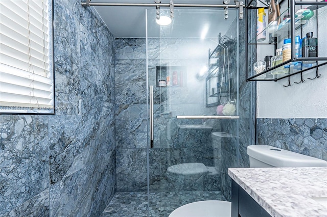 bathroom with vanity, toilet, and a tile shower