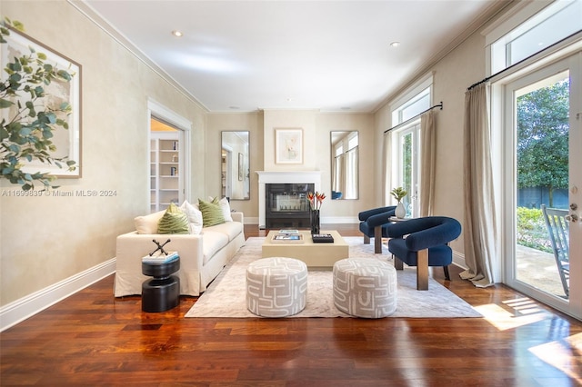 living room with wood-type flooring and ornamental molding