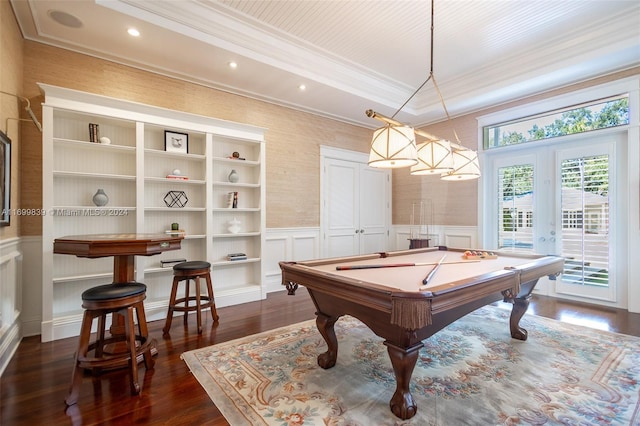 game room featuring crown molding, dark wood-type flooring, and pool table