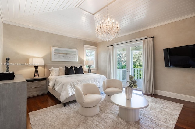 bedroom featuring lofted ceiling, access to outside, an inviting chandelier, dark hardwood / wood-style floors, and wood ceiling