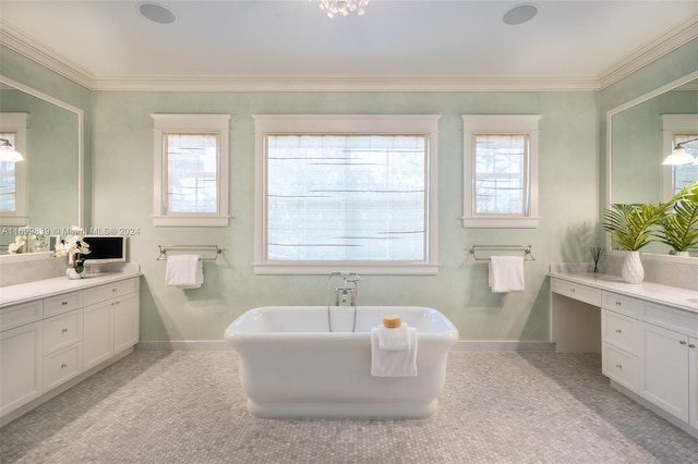 bathroom featuring a bathing tub, vanity, and ornamental molding