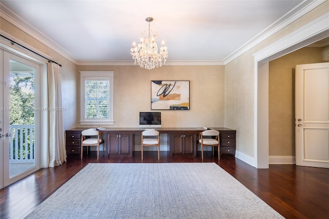 office area featuring crown molding, dark hardwood / wood-style flooring, and a notable chandelier