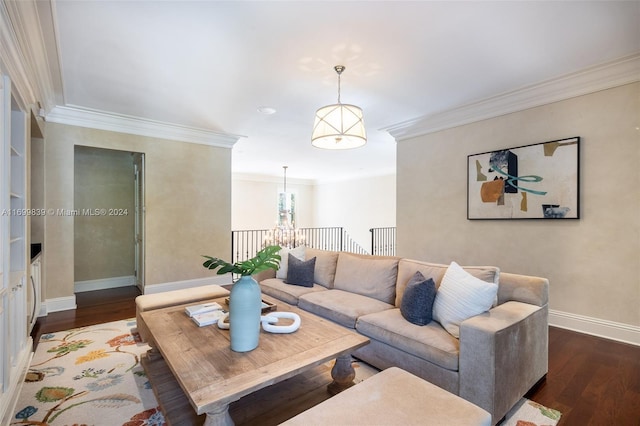 living room with crown molding and dark hardwood / wood-style flooring