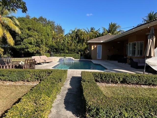 view of swimming pool with a patio area