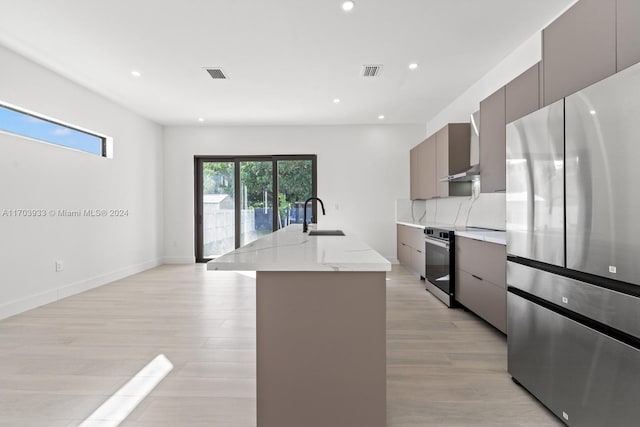 kitchen featuring stainless steel appliances, a center island with sink, a healthy amount of sunlight, and sink