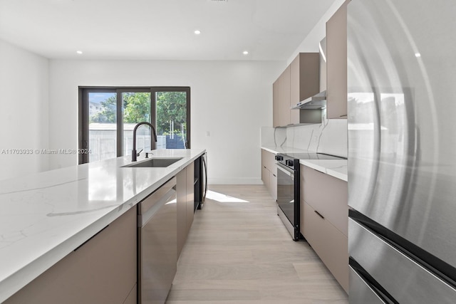 kitchen with sink, wall chimney exhaust hood, light hardwood / wood-style flooring, decorative backsplash, and appliances with stainless steel finishes