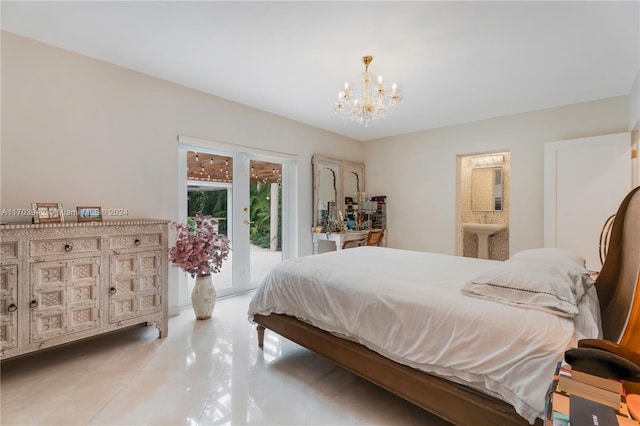 bedroom featuring a notable chandelier, light tile patterned floors, and access to outside