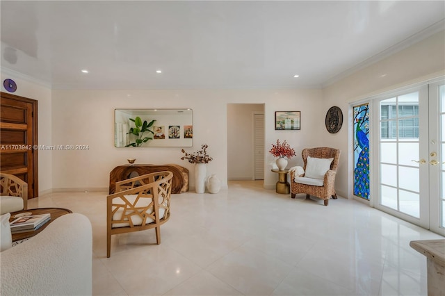 living room featuring french doors and ornamental molding