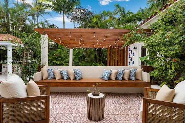 view of patio / terrace featuring an outdoor hangout area and a pergola