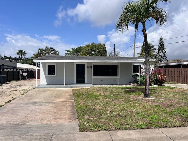 ranch-style house with a front yard, fence, and stucco siding