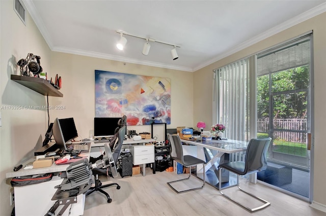 office with light hardwood / wood-style floors, ornamental molding, and rail lighting