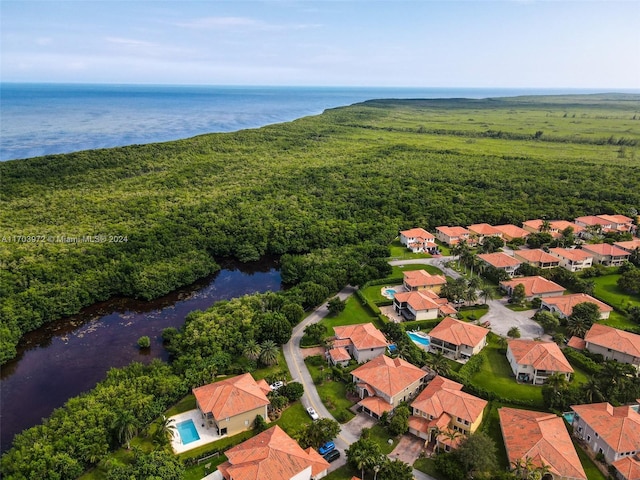 bird's eye view with a water view