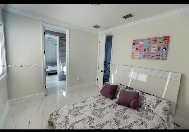 bedroom with crown molding