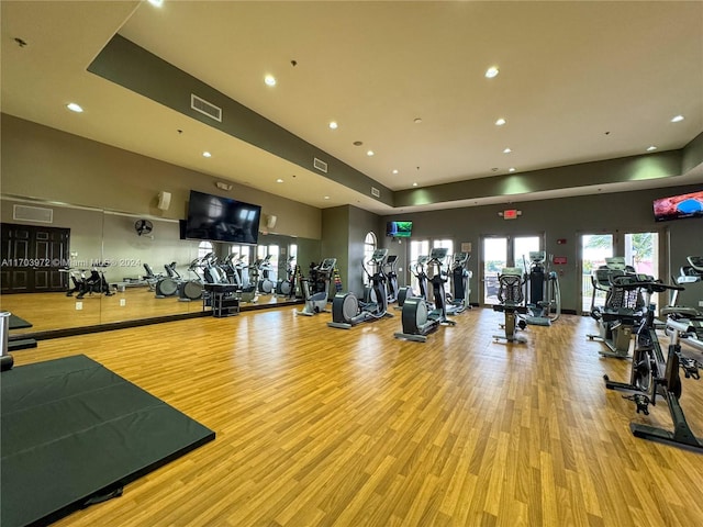 exercise room with light hardwood / wood-style floors