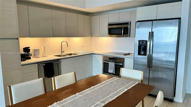 kitchen featuring white cabinetry, sink, light tile patterned floors, and appliances with stainless steel finishes