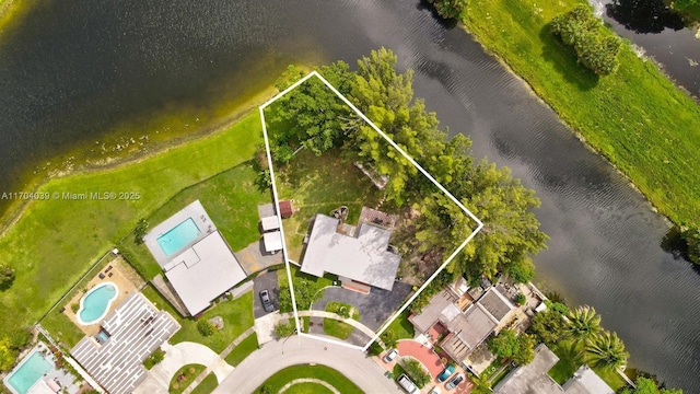aerial view featuring a water view