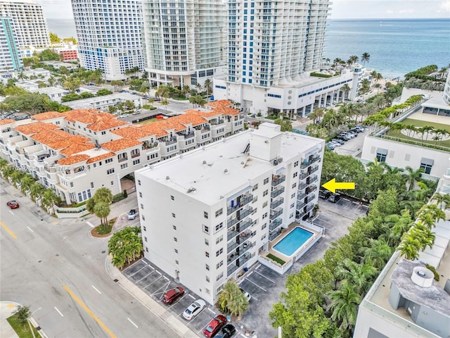 drone / aerial view featuring a water view