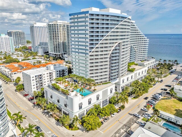 drone / aerial view featuring a water view