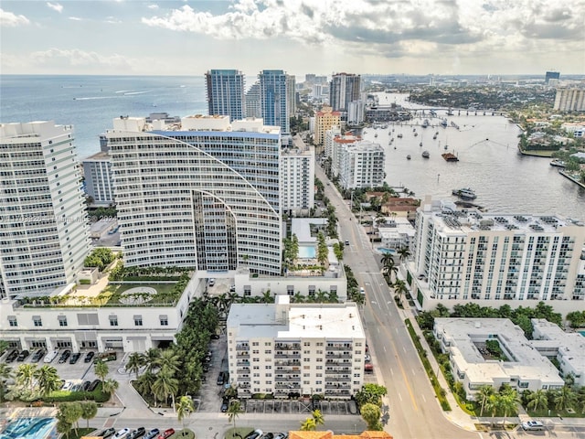 drone / aerial view featuring a water view