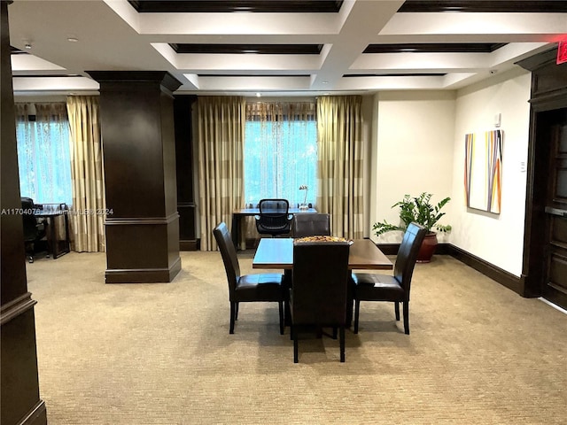 dining space with light carpet, beam ceiling, and coffered ceiling